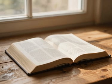 An open Bible on a rustic wooden table, soft golden-hour natural light streaming through a window, warm organic tones, shallow depth of field, 35mm