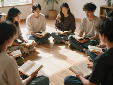 A small group of diverse believers sitting in a circle in a sunlit room, holding Bibles, warm natural light, 35mm.