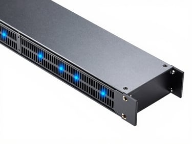 Orthographic projection of a server blade interface, sharp borders, cool gray and pure white backdrop, electric blue interactive nodes.