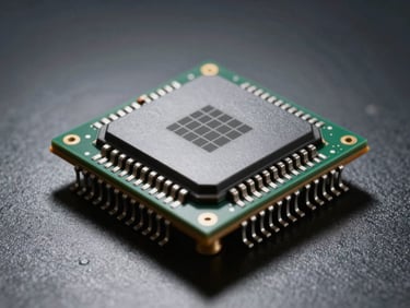 Exploded view of a microchip architecture, high-contrast shadows, artificial studio lighting, precise geometric alignment.