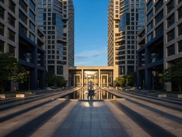 Symmetrical wide-angle architectural shot of a modern concrete and glass corporate plaza, soft morning sunlight casting long shadows, deep navy tones, editorial photography