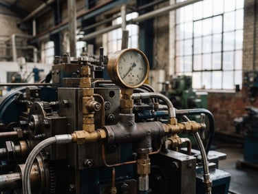 Close-up of structured industrial machinery, brass and steel components, soft natural light filtering through warehouse windows, sharp focus, 35mm