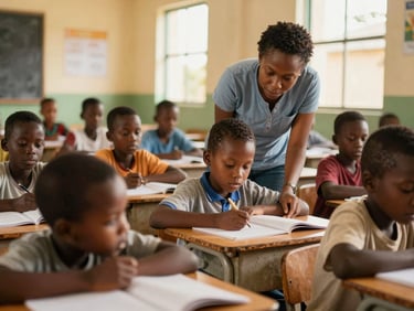 Candid shot of children focused on a lesson inside a bright classroom in Luanda, a teacher assisting, natural warm light, rich authentic tones, shallow depth of field