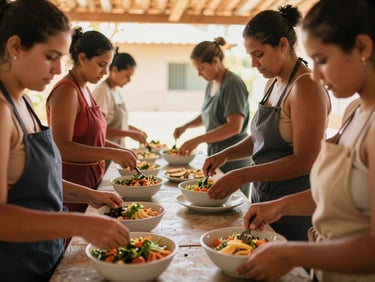 Cozinheiras locais preparando uma refeição saudável em uma cozinha comunitária limpa no Brasil, luz natural suave, tons quentes, foco nas mãos, 35mm.