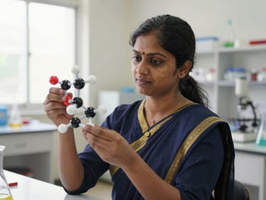 A professional South Indian female chemistry teacher in a bright laboratory classroom, holding a structured molecular model, natural indoor light, sharp focus.
