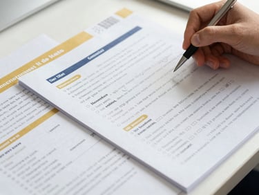 Close-up of structured study materials, test papers with gold and navy highlights, and a student's hand holding a pen under natural light.
