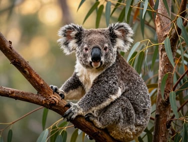 Close-up of a wild koala perched on a eucalyptus branch, soft natural light, out-of-focus green leaves background