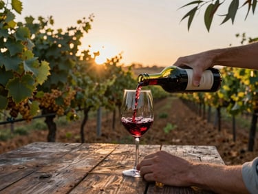 Close-up of hands pouring red wine into a glass at a rustic wooden table in a McLaren Vale vineyard, soft golden hour sunset light filtering through grape leaves.