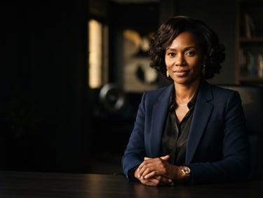 Editorial portrait of an elegant Equatorial Guinean woman in professional executive attire, confident gaze, dramatic low-key lighting with warm golden-hour highlights on dark skin, sharp focus, high-contrast, 85mm lens composition, negative space on the left.