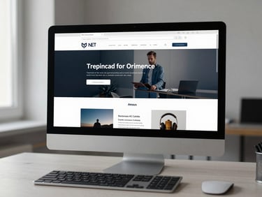 A well-designed website displayed on a desktop monitor sitting on a minimal desk, natural side-light, the screen sharp and centered in frame, keyboard slightly out of focus in foreground