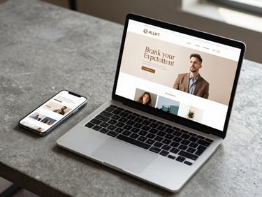 A laptop and phone side by side on a concrete desk, both displaying a clean web design with warm typographic layout, natural daylight from the right, slight overhead angle showing the screen clearly