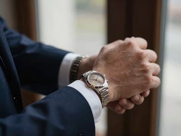 Macro shot of a hand in a tailored suit sleeve adjusting a high-end watch, reflecting soft light on polished metal, editorial lifestyle photography, 35mm