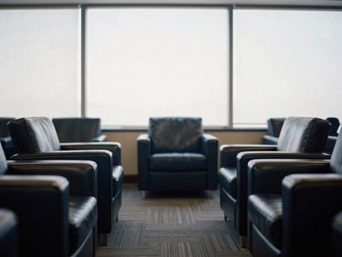 Wide symmetrical view of a quiet, empty executive lounge with leather armchairs and architectural details, soft natural window light, deep shadows, editorial lifestyle photography, 35mm
