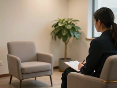 A calm, professional consultation room with comfortable chairs, a soft green plant in the corner, warm indirect lighting, peaceful and welcoming environment.
