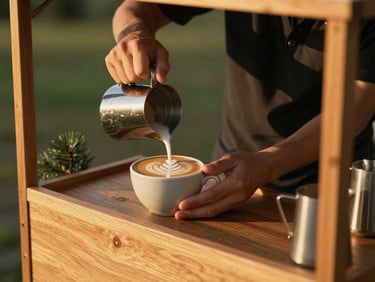 A professional barista pouring intricate latte art into a ceramic cup at a wooden mobile coffee cart, warm golden-hour light