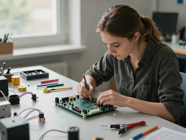 Eye-level shot of a young woman studying a circuit board component at a workshop table, natural daylight from a side window, tools and wiring laid out across the surface beside her
