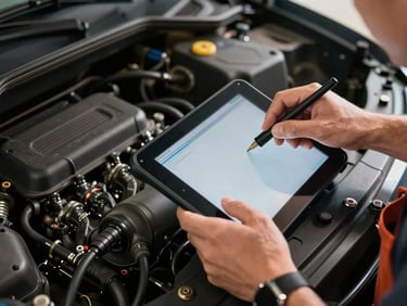 Overhead close-up shot of a technician's hands using a diagnostic tablet connected to an OBD port, engine bay visible below, tungsten shop light casting warm shadows on knuckles and tool belt