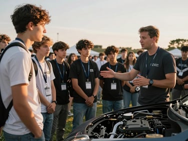 Wide shot of a small group of students gathered around a car at an outdoor event, a male presenter gesturing toward the vehicle's undercarriage, golden-hour light, crowd energy in the background