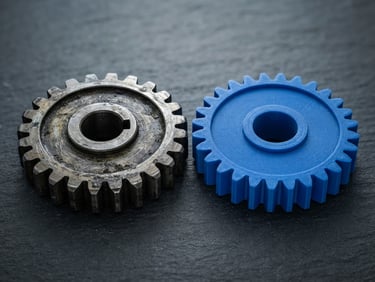 Crisp industrial product photography of a side-by-side comparison between a worn mechanical metal gear and its pristine blue 3D-printed replica on a dark slate technical surface, cool studio lighting, sharp geometric details, 50mm.