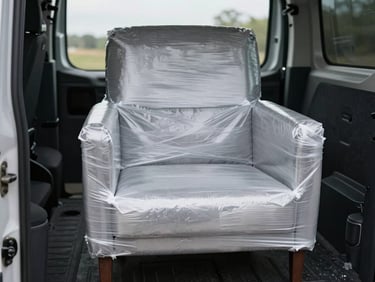 Close-up overhead shot of a single armchair wrapped in stretch film being positioned in a van, natural overcast light, precise and careful framing