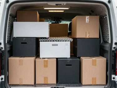 Overhead view of an organized van interior packed with office equipment in uniform boxes, protective foam padding between items, overcast bay light from above
