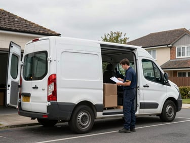 Wide shot of a removal van parked at a residential street loading bay, rear doors open, team member checking a load list on a clipboard, overcast daylight, documentary style