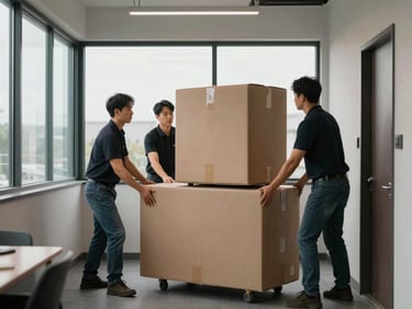 Wide shot of a removal team moving boxed office equipment through a corridor, overcast daylight from windows, documentary framing showing organized handling