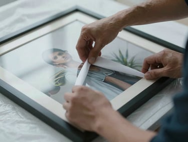 Close-up of hands wrapping a framed picture in protective moving blanket, overcast daylight, detail shot showing care and preparation