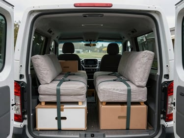 Overhead wide-angle shot of a meticulously organized van interior fully loaded with strapped furniture and wrapped boxes, ratchet straps visible across the load, overcast natural light from the rear loading bay, documentary style