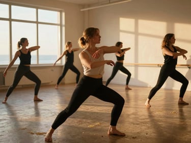 Candid movement and dance workshop in a sunlit Amsterdam studio, warm golden hour light, shallow depth of field