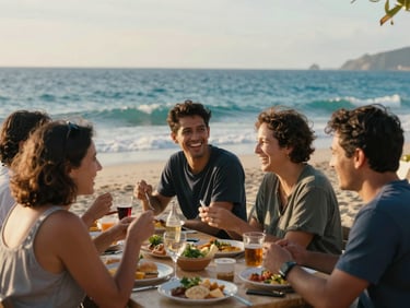 Medium environmental portrait of active community members laughing together during an outdoor meal, warm side-lighting, 35mm film texture