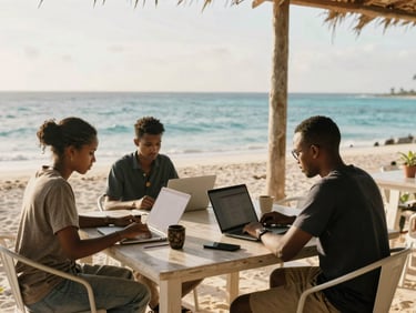 Remote founders working together in a clean, sunlit open-air workspace in Zanzibar, natural light, ocean view background