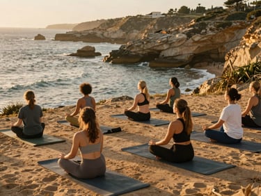 Outdoor breathwork session on the rugged Portugal coastline, group of people sitting on yoga mats, warm golden hour light