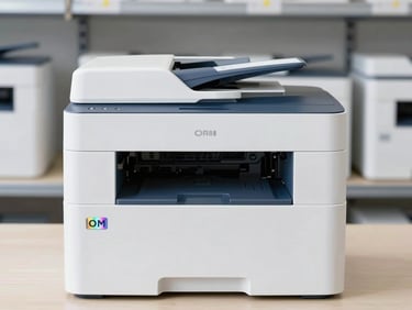 Straight-on shot of a new, boxed enterprise-grade laser printer in a clean warehouse, with a holographic OEM seal visible on the packaging.