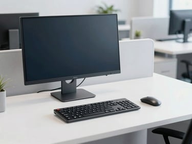 Clean shot of a modern business workstation setup with a monitor, keyboard, and mouse, professional office environment, bright neutral lighting.