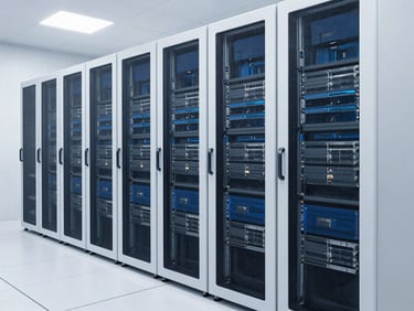 Medium-wide shot of a modern, clean data center aisle with organized server racks, bright neutral lighting, sharp focus on the hardware.