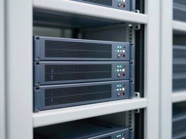 Close-up of a rack-mounted UPS system with indicator lights, in a tidy server room, crisp lighting.