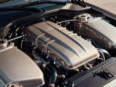 Tight macro-detail shot of a luxury car's engine bay, meticulously clean, polished chrome, sharp architectural shadows, high contrast, muted champagne and navy tones, product-style shot