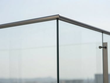 Close-up of a minimalist glass balcony enclosure, clean joints, premium stainless steel fittings, bright daylight, 35mm