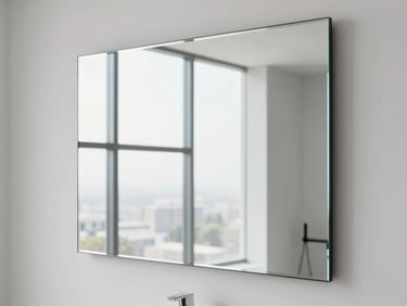 Minimalist luxury bathroom with a large custom flush-mounted mirror, clean polished edges, high-end interior design, 35mm