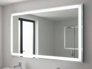 Modern minimalist bathroom with a large custom illuminated mirror, clean reflections, luxury design