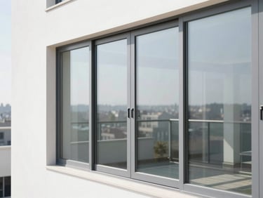 Minimalist modern apartment balcony with sliding glass panels, bright natural daylight, clean reflections