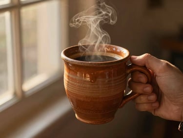 Hands holding a heavy terracotta mug filled with steaming coffee, golden-hour window light illuminating the textured glaze and finger ridges.