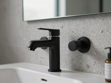 Detail shot of a luxury bathroom, matte black fixtures against light grey terrazzo walls, soft diffused window light, editorial composition.