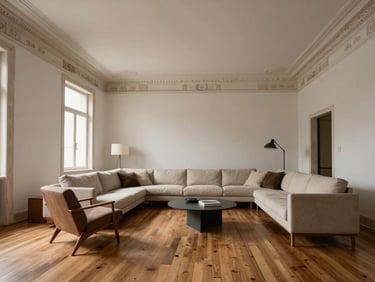 Wide-angle view of a renovated historic Lisbon living room, high ceilings with restored plaster crown molding, minimalist modern furniture, warm wooden floorboards.