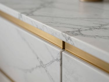 Macro close-up of a bespoke kitchen counter joint. Elegant white Calacatta marble with delicate grey veins meets a brushed gold metal trim with absolute precision. Soft side lighting, shallow depth of field.
