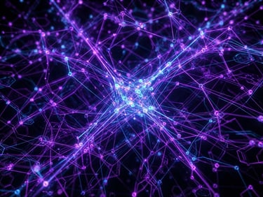 Sleek 3D render of interconnected digital nodes, glowing dark mode aesthetic, vibrant purple and electric blue neon accents, high-contrast network structures, macro close-up.