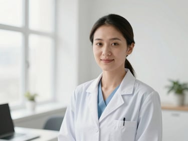 Portrait of a female healthcare administrator in a bright office, professional attire, 35mm
