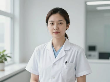 Portrait of a female medical director in a modern clinic, professional attire, soft daylight, 35mm