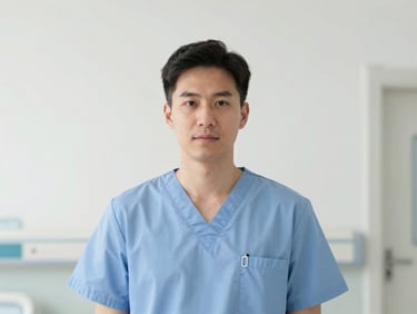Portrait of a male clinical nursing director in scrubs, clean hospital background, bright daylight, 35mm